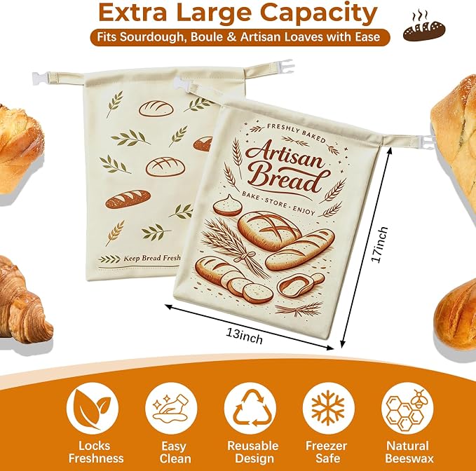 Beeswax Linen Bread Bags with Zipper & Buckle Closure, 2 Pack XL | Reusable beeswax linen bags. Preserve freshness and texture of sourdough and artisan loaves for daily storage.