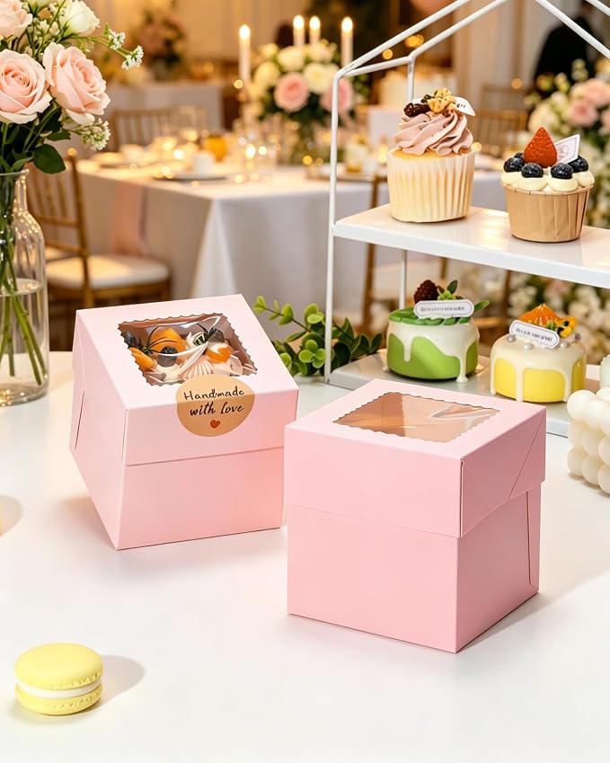 COTOPHER 30Pcs Mini Cake Boxes, 4x4x4 Inches Pink Bakery Boxes with Window, Small Dessert Box Cake Packaging for Pastries, Cookies, Chocolates, Cupcakes, Birthday Party, Wedding
