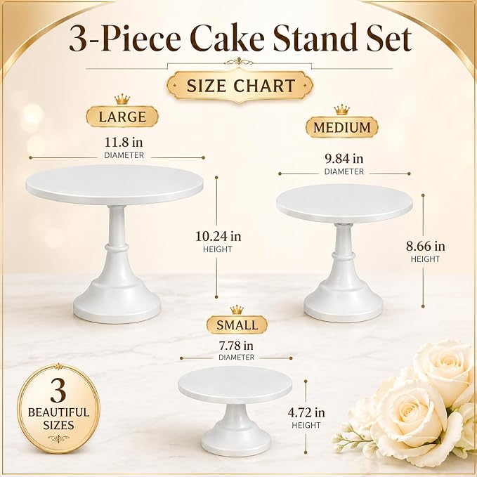 3 Pack Metal Cake Stand, 8 10 12 Inch Tiered Display | White finish, Pedestal base, Stackable setup, Wedding reception, Birthday party, Baby shower, Candy bar, Buffet table
