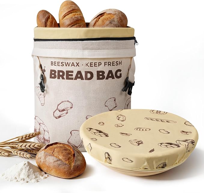 YARRAMATE Organic Beeswax Bread Bag & Bowl Cover Set, Reusable & Freezer Safe Bakery Essentials for Loaf Storage and Sourdough Proofing (17x13, 12 Inch)