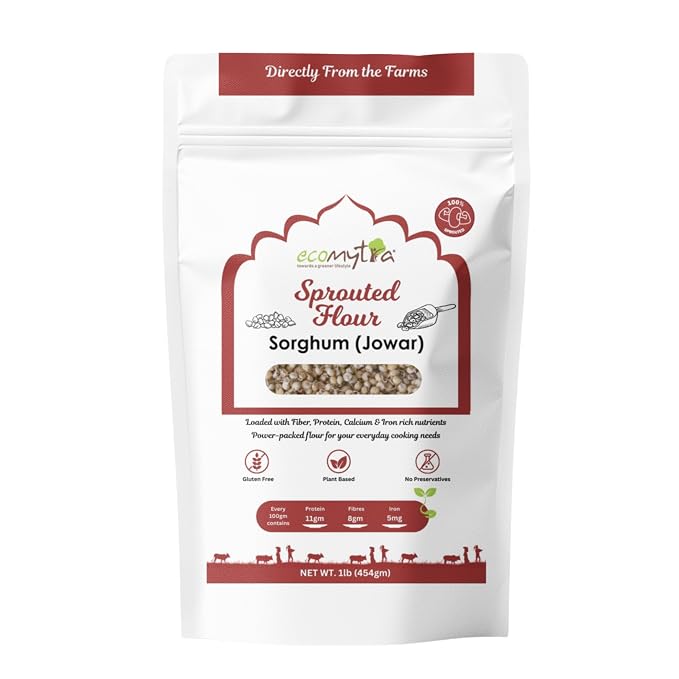 Ecomytra Sprouted Sorghum Flour - Jowar, Gluten Free Ancient Grain 1lb | 100% sprouted jowar (great millet), gluten free ancient grain. High fiber, non-GMO. For roti, baking & porridge
