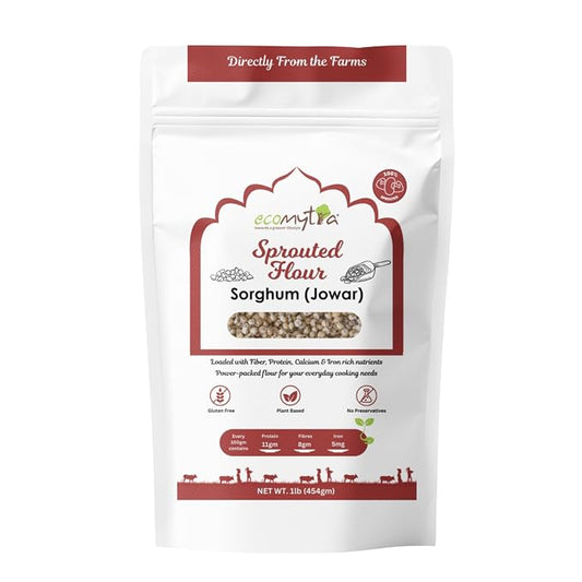 Ecomytra Sprouted Sorghum Flour - Jowar, Gluten Free Ancient Grain 1lb | 100% sprouted jowar (great millet), gluten free ancient grain. High fiber, non-GMO. For roti, baking & porridge