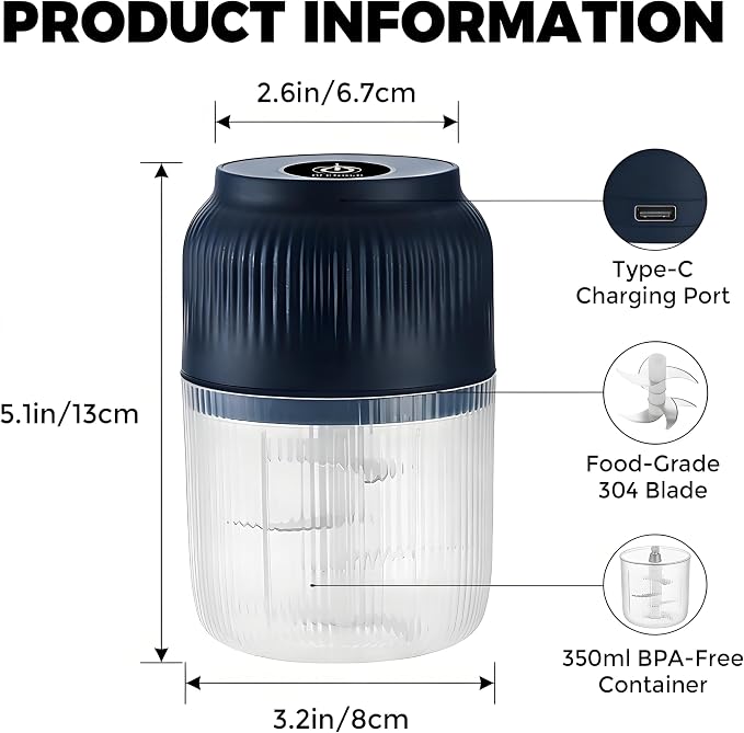 Cordless Multifunctional Electric Garlic Chopper,350ml Mini Food Processor with 6 Blades,USB Rechargeable 1-Touch Food Grinder for Garlic, Onion, Ginger, Chili (Blue,4 Blades&1 Egg Beater)