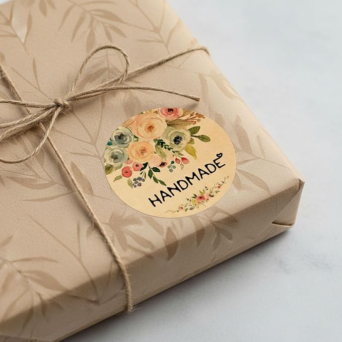 120PCS Handmade Kraft Stickers Handmade with Love Floral Bouquet Stickers Packaging Labels