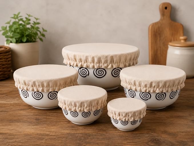 Set of 5 Linen Food Bowl Storage Covers ~ Stretchable Dish Can Lids, Fruit Vegetable Meat Preservation Fresh Keeping Bread Proofing Cover | 100% Natural Cotton and Washable
