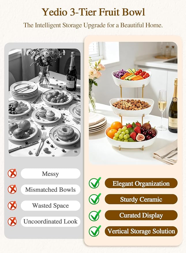 3 Tier Fruit Bowl for Kitchen Counter, No Assembly Required Ceramic Fruit Basket with Metal Stand, Tiered Fruit Stand for Countertop for Fruit, Veggies, Snacks, Cake & Desserts