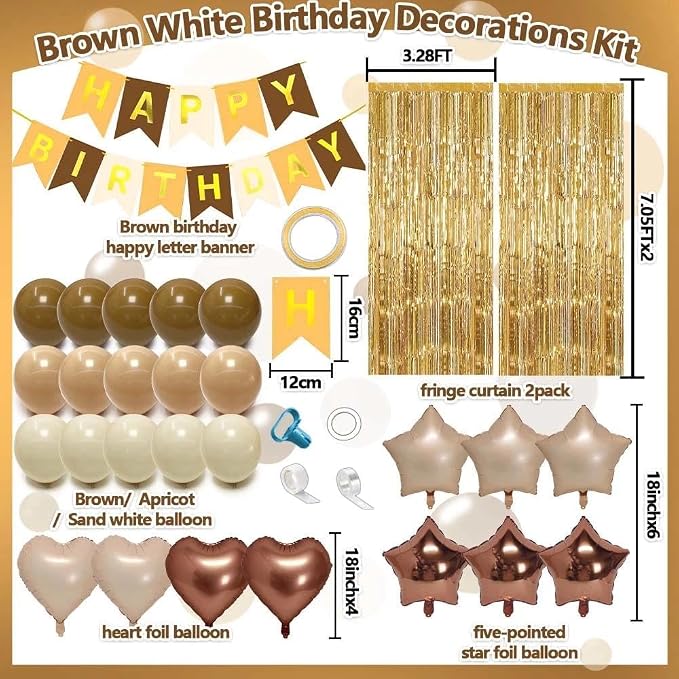 Brown Birthday Balloon Kit,Brown Apricot White Balloons Happy Birthday Banner Fringe Curtains Heart and Star Foil Balloon for Baby Shower Bear Boho Party Decoration