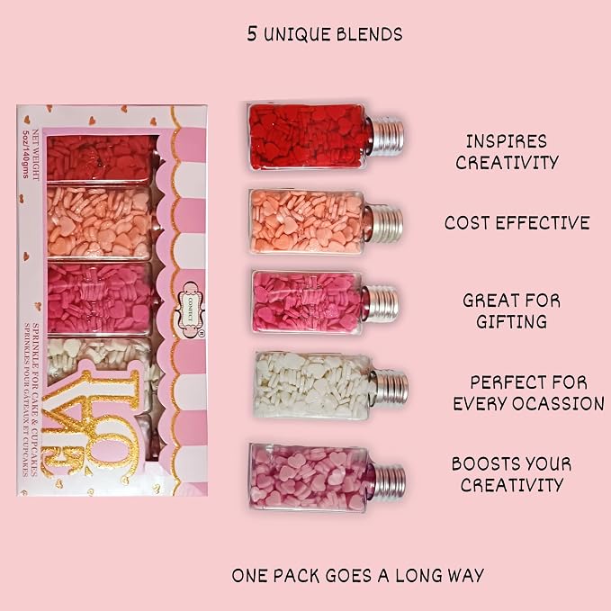 Confect Valentine Heart Sprinkles – Red, White & Pink Edible Sprinkle Mix | Pack of 5 for Cake, Cupcake, Cookie & Dessert Decorating | Celebration & Baking Sprinkles | Vegan, Gluten-Free – 5 Oz
