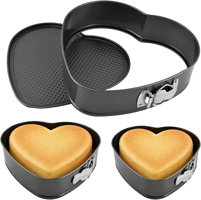 Set of 3 Springform Cake Tins Heavy Duty, Double Layer Non-Stick Coating, Removable Base, Heavy Duty Carbon Steel, Perfect for Frozen Desserts - Oven Safe Bakeware (heart-shaped)