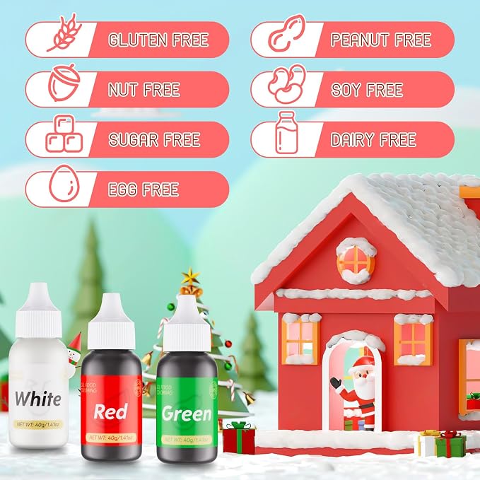 Gel Food Coloring for Cake Decorating - 3 Concentrated Assorted Food Color Edible Christmas Red Green White - Food Grade Dye for Easter Eggs Fondant Cookies Frosting Royal Icing Baking - 40g/Bottle
