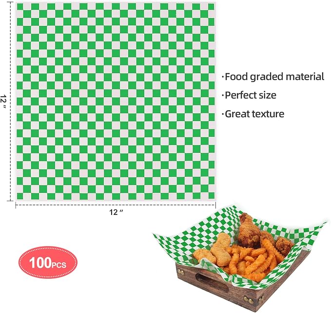 100pcs Deli Paper Sheets 12x12", Premium Food Basket Liners, Grease Resistant Wax Paper Sheets for Food, Classic Checkered Sandwich Wrapping Paper (Green & White)