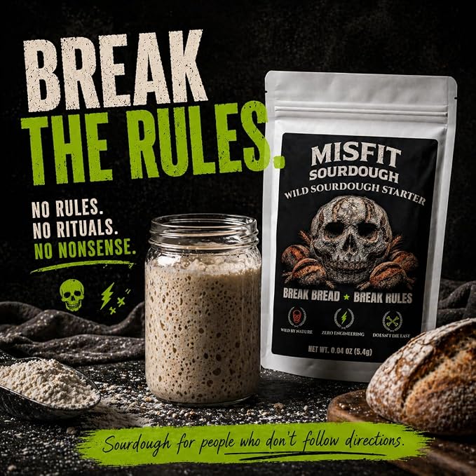 Misfits Sourdough Wild Sourdough Starter Culture – Dehydrated Live Active Wild Yeast Bread Starter for Homemade Artisan Bread Baking, Unbleached Flour, Reusable Fermented Baking Culture