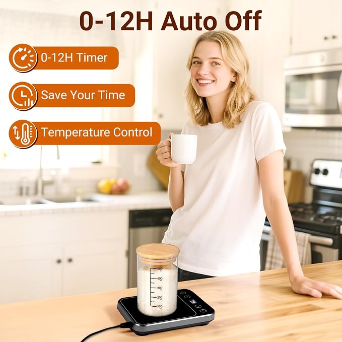 Sourdough Starter Warmer Mat, Sourdough Heating Mat for 24–40oz Jars, Precise 1°F Thermostat Control (70-100°F) Sourdough Warmer, 0-12 Hour Timer, Auto Shut-Off, Ideal for Home Baking