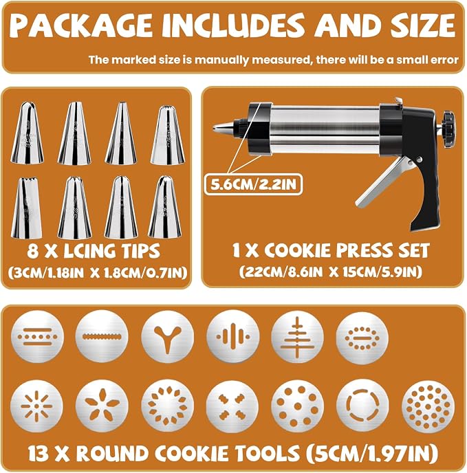 Cookie Press Gun Black - Spritz Cookie Press Kit with 13 Discs & 8 Piping Tips | Perfect for Thanksgiving Christmas, Baking & Cake Decorating