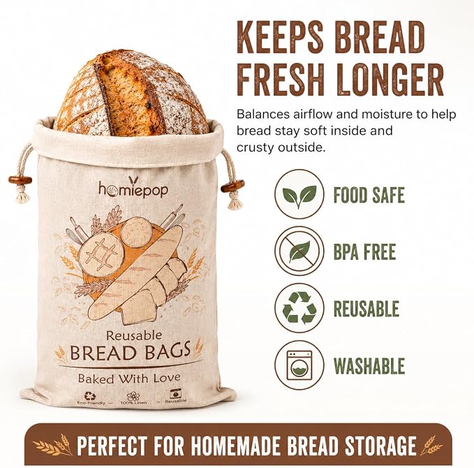 3 Pack Bread Bags for Homemade Bread – Reusable Linen Bread Storage Bags with Food-Safe Inner Lining, Keeps Bread Fresh Longer, Large 17 x 13 Inch Sourdough Bread Bags, Washable, Gift Box Included