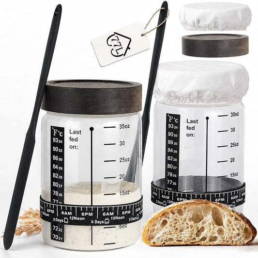 77L Sourdough Starter Jar, 35 oz Sourdough Starter Kit with Date Marker Feeding Band, Thermometer, Food-Grade Scraper, Cloth Cover and Acacia Wood Lid, Sourdough Bread Baking Supplies 2 Pack
