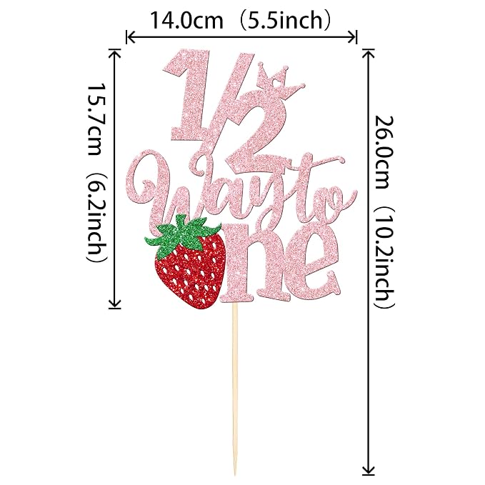 1 PCS Strawberry 1/2 Half Way to One Cake Topper Glitter Berry Sweet Half Way to Go Cake Pick Happy 6 Months Birthday Cake Decoration for Strawberry Theme Baby Shower Birthday Party Supplies Pink