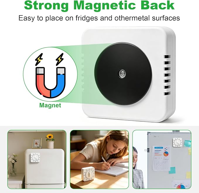 Large Size 60 Minute Mechanical Kitchen Timer - Visual Wind Up Timer Clock with Loud Alarm - No Batteries Required-Magnetic Backing, Timer for Classroom, Home, Study and Cooking (White)