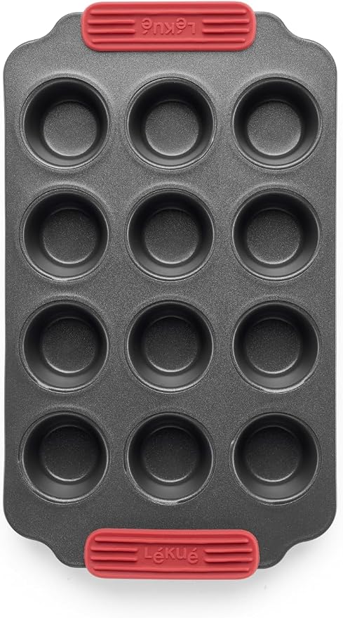 Lékué Non-Stick 12 Hole Mini Muffin Mold - Carbon Steel Oven Baking Pan with Platinum Silicone Handles, Even Heat, Dual Non-Stick Ceramic Coating, Scratch Resistant, PFOA & PFA-Free, 12.2 x 7.1 x 1.5"