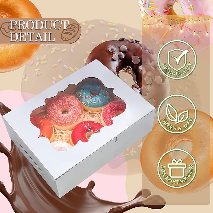 KPOSIYA 65 PCS 8x6x2.5 Inch Cookie Boxes with Window Silver Bakery Boxes Pastry Boxes for Gift Giving, Treat, Dessert, Cupcakes, Chocolate, Strawberries, Donuts, Muffins (5 Style Windows)