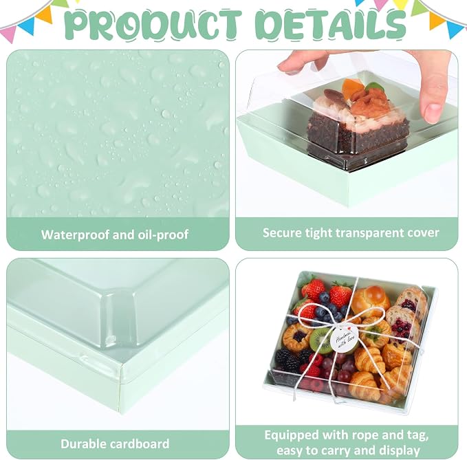 Outus 100 Pack Charcuterie Boxes with Clear Lids, Paper Dessert Boxes to Go with Gift Tags Rope Disposable Party Treat Food Containers for Cookies, Donuts, Muffins, Salad, and Pastry