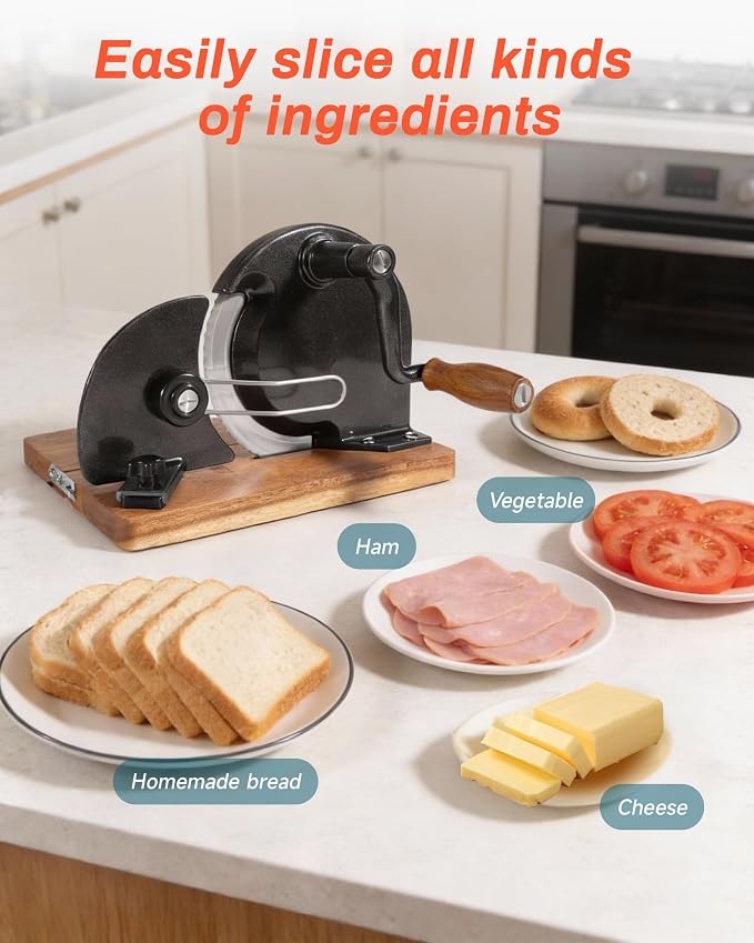Foldable Sourdough Bread Slicer Adjustable Thickness, Manual Bread Slicer, Add Metal Rails, Hand Crank Bread Cutter Machine with Scale Line and Suction Cup, Stainless Steel Blade (Black)