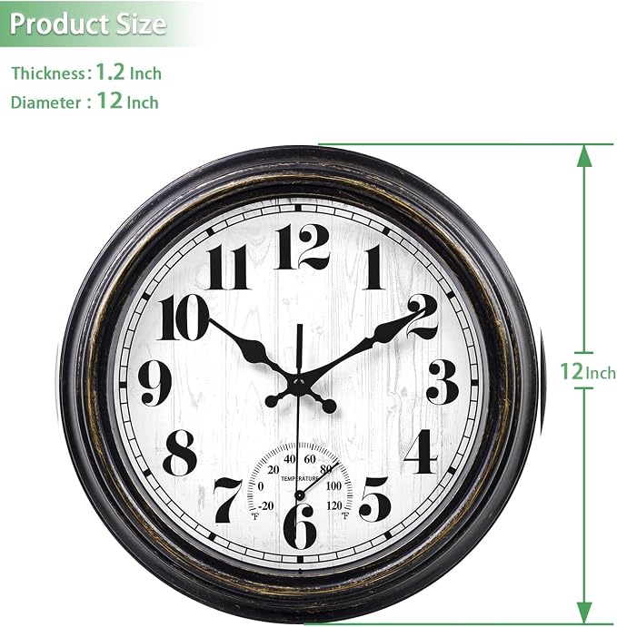 45MinST 12 Inch Indoor/Outdoor Retro Round Waterproof Wall Clock with Thermometer, Silent Non Ticking Battery Operated Quality Quartz Wall Clock Home/Patio Decor(Black Gold)