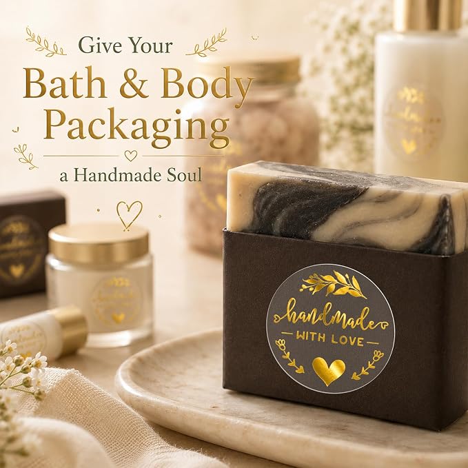100PCS Handmade with Love Stickers, Transparent Gold Foil Labels for Boutique Small Business Packaging, Elegant Gift Wrapping Seals for Candle Bakery Soap Handmade Orders, 1.6"
