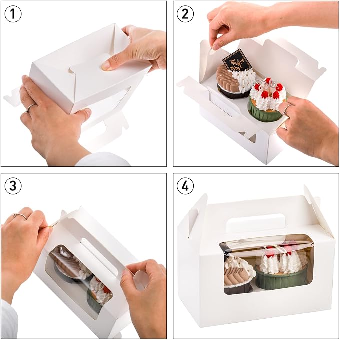 Jucoan 60 Pack 2 Count White Paper Cupcake Boxes with Insert, Handle and Window, Portable Cupcake Muffin Containers, Gable Bakery Gift Boxes Party Favor Treat Boxes for Wedding Birthday Father's Day