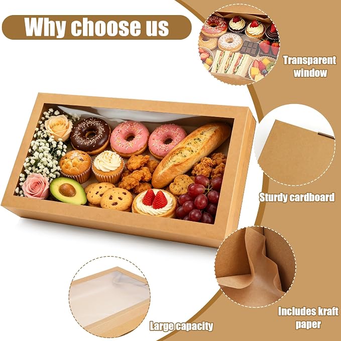 10 Pack Large Bakery Boxes with Window, 22x9.8x3.15 Inch Cookie Boxes, Cardboard Pastry Boxes, Brown Treat Box for Gift Giving, Baking Pies, Cakes, Muffins and Desserts (XL)