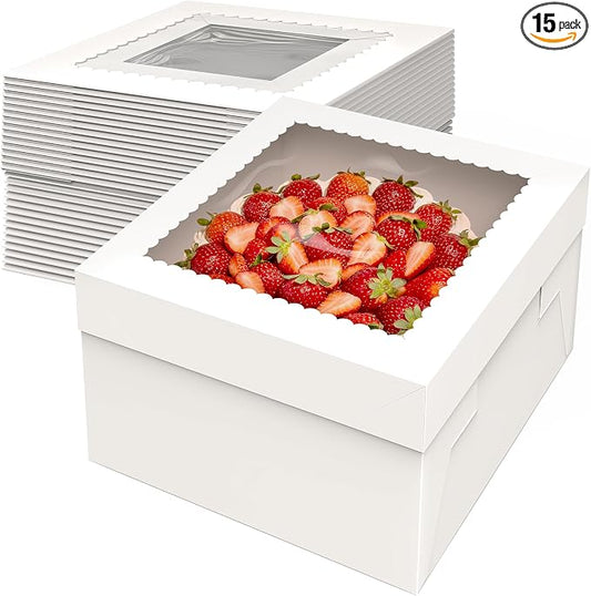 TLAZZ 15 Pcs Cake Boxes, 12x12x8 Inches Tall Cake Boxes with Window, White Square Cheesecake Bakery Boxes, Large Cardboard Cake Baking Boxes with 90 Stickers for Cakes, Pies, Wedding, Birthday Party