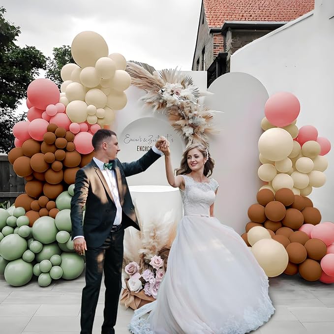 MEBAY Pink Green Brown White Balloon Garland Arch Kit, 166Pcs Blush Pink Pastel Green White Sand Tan Brown Boho Balloons for Baby Shower Birthday Wedding Safari Jungle Woodland Party Decorations