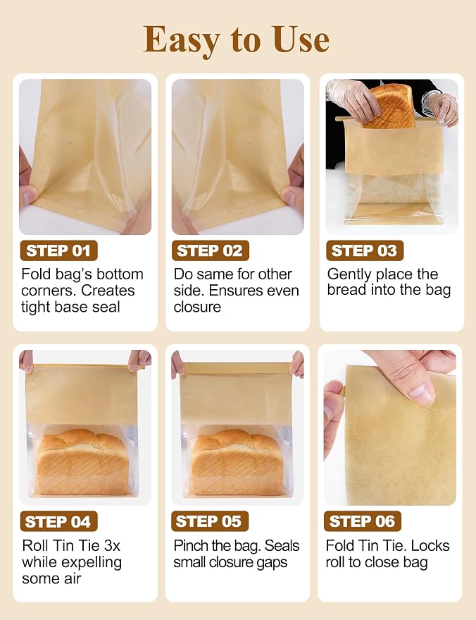 FireKylin Bread Cookie Bags with Window & Tin Tie 8.6x4.3x11.0 (50,Large) | Food Safe Brown Paper, Clear Window, Reusable Tin Tie, for Homemade Bread, Cookies, Muffins, Pastry, Candy, Party Favor