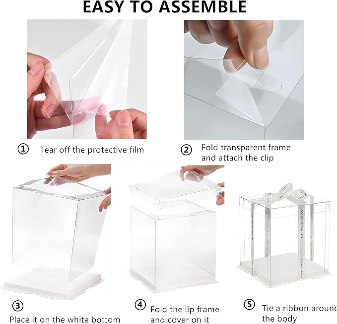 6 Pack Clear Cake Box, 2-Layer Transparent Cakes Box with Ribbon, 10" X 10" X 9" Tall Cake Carrier Boxes with Sturdy Board for Bakery Dessert Bread Pastry Birthday Parties, Wedding Graduation