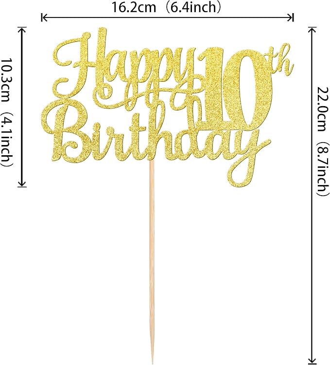 1 PCS Happy 10th Birthday Cake Topper Gold Glitter Cheers to 10 Years Birthday Cake Pick 10 Fabulous Double Digits Cake Decoration for Happy 10th Birthday Theme Party Decorations Supplies