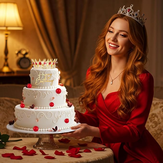 8 Pcs Red and Gold Queen Crown Cake Topper, Happy Birthday Cake Toppers Foam Balls Rhinestone Crystal Tiara Wedding Decoration for Princess Party Photo Props for Women Princess