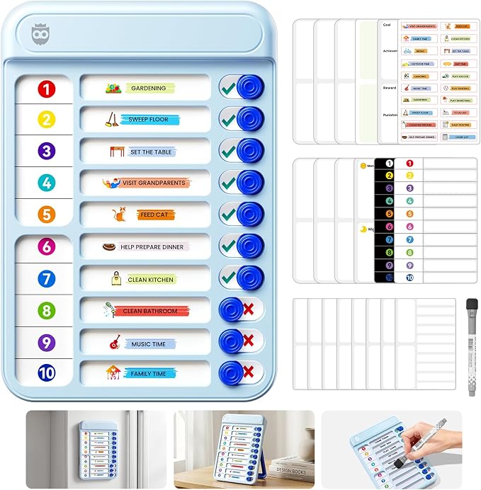 Magnetic Chore Chart Board with Sliders 19 Personalizable Sheets and Marker, Magnetic Fridge Whiteboard for Checklist Chore Chart for Multiple Kids, Daily Routine Chart for Habit Tracker - Blue