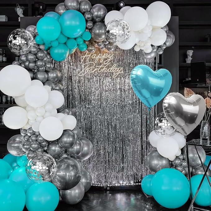 157PCS Teal Blue Silver White Balloons Garland Arch Kit with Silver Fringe Curtain for Boys Christening Birthday Bridal Baby Shower Engagement Wedding Party Decorations