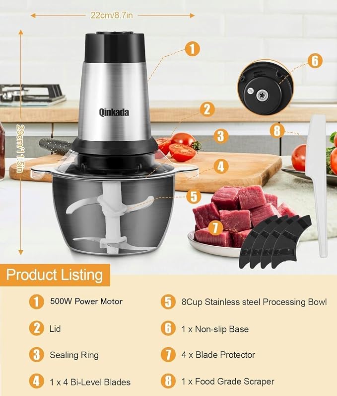 Qinkada Meat Grinder, 500W Powerful Food Processors, 8Cup Stainless Steel Bowl, 3 Speed Modes 4 Bi-Level Blades for Onion, Meat, Nuts, Fruit, Garlic, Vegetable, Baby Food