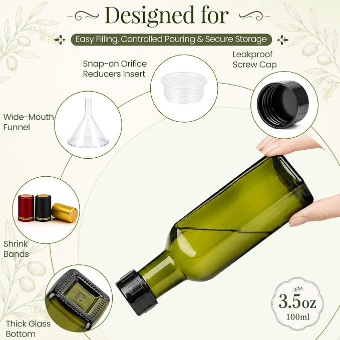 TBWIND 18 Pack 3.5oz (100ml) Olive Oil Bottles with Airtight Caps | Includes Shrink Bands, Labels & Funnels; Ideal for Vanilla Extract, Tinctures, Limoncello, Syrups & Gift Giving