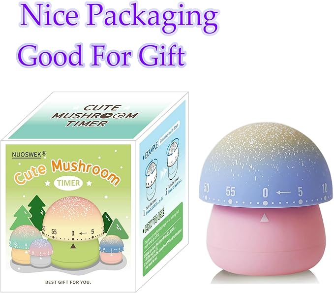 Mechanical Kitchen Timer, Cute Mushroom Timer for Kids, Wind Up 60 Minutes Manual Countdown Timer for Classroom, Home, Study and Cooking (Pink Base)