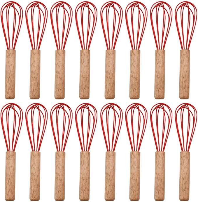 Silicone Whisk (16 Pack), 8-Inch Wooden Handle Balloon Whisk for Non-stick Cookware, Heat-Resistant Non-Scratch Manual Kitchen Egg Beater for Blending, Whisking, Beating, Frothing and Stirring
