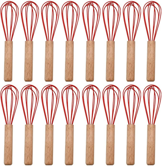 Silicone Whisk (16 Pack), 8-Inch Wooden Handle Balloon Whisk for Non-stick Cookware, Heat-Resistant Non-Scratch Manual Kitchen Egg Beater for Blending, Whisking, Beating, Frothing and Stirring