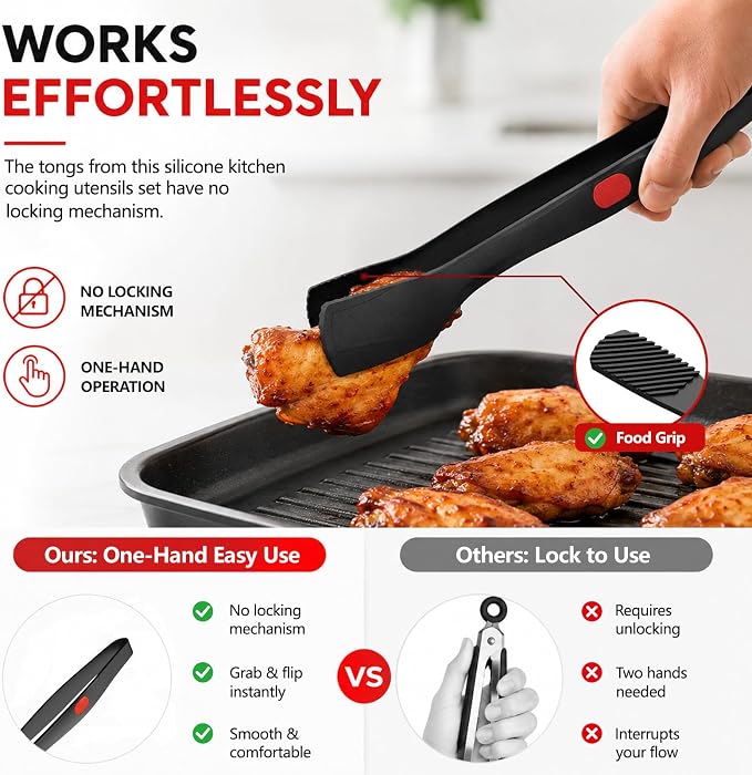 5 Pack Silicone Kitchen Cooking Utensils Set - Spatula, Turner, Tongs & Spoons for Nonstick Cookware, 600°F Heat Resistant, Non Toxic, Dishwasher Safe