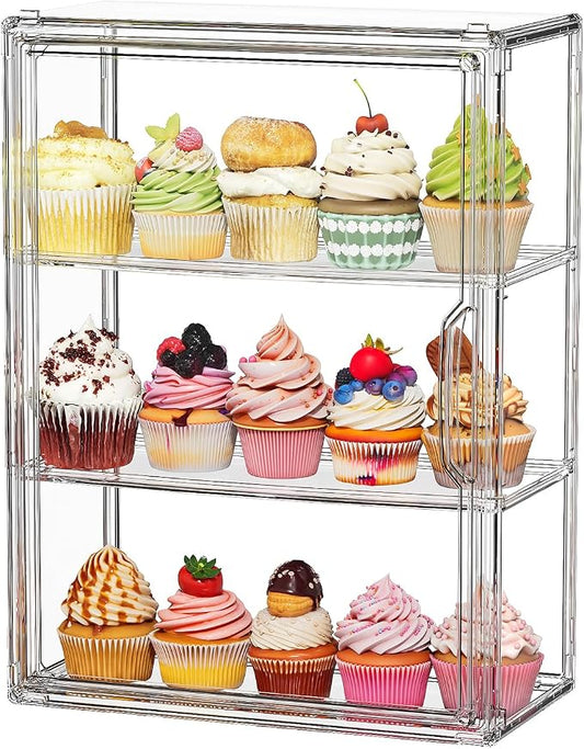 3 Tier Cupcake Stand Acrylic Cardboard Cupcake Tower Holder, Dessert Pastry Cookie Display Stand Case with Lid for Birthday Wedding Party Decoration, Large Adjustable Bread Box, M