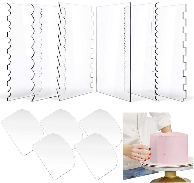 Woohome 6 PCS Acrylic Cake Scraper Decorating Transparent Cake Cream Scraper Clear Icing Comb Contour Decorating Set for Bread Pastry Cake Decorating Supplies DIY Kitchen Bakery Baking Tool