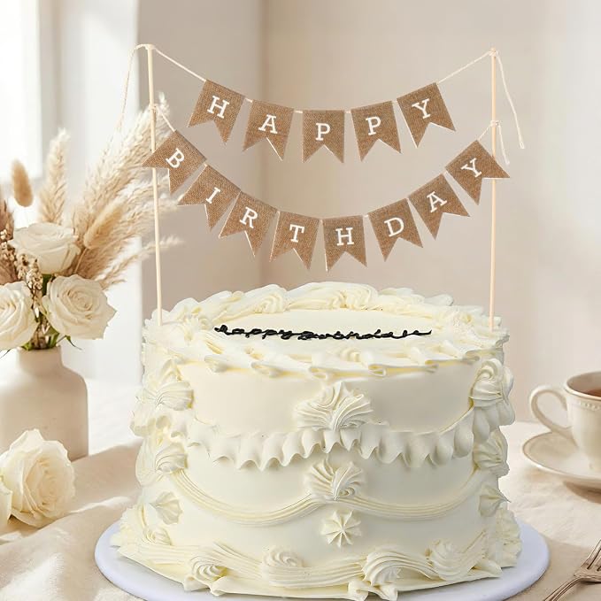 Tegeme Happy Birthday Cake Topper Burlap Cake Bunting Topper with Wood Pole Handmade Pennant Flags for Birthday, Bridal Party Decoration