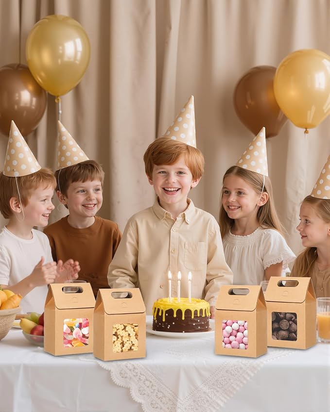 24 Pieces MINI Kraft Paper Gift Bags with Clear Window Small Goodies Gift Boxes with Handle 5.9 x 3.9 x 2.3inch Gable Candy Treat Box for Purim, Bakery Cookies, Wedding Favors, Small Business (brown)