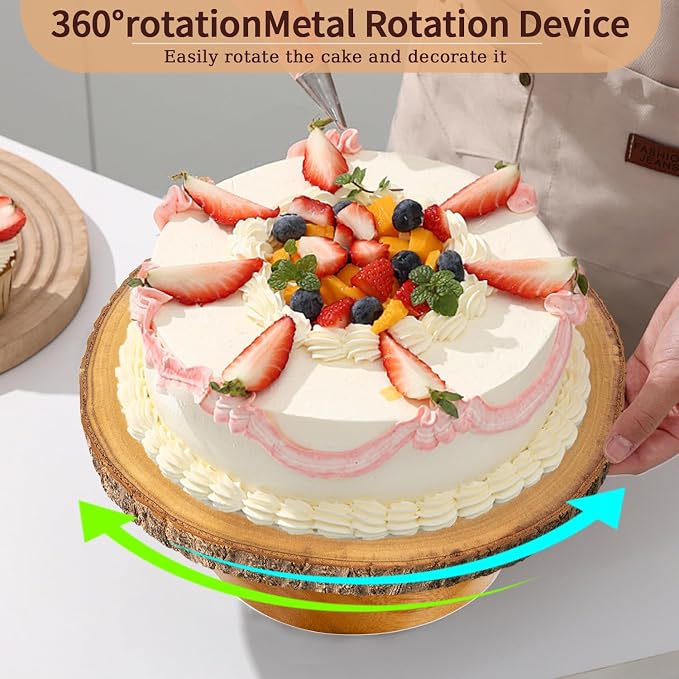 12" Rotating Wood Cake Stand with Cake Cutting Set (Knife and Server) - Rustic Wooden Cake Turntable for Decorating, Party, Wedding, Baby Showers, Reception, Event - Ideal Baking Gift & Decor