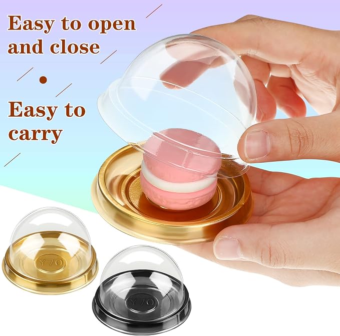 Patelai 200 Pcs Mini Cupcake Boxes Containers Clear Plastic Muffins Cheese Pastry Containers with Dome Lids for Wedding Birthday Party Gifts Supplies, 2.87 x 2.87 x 1.97 Inch (Gold, Black)